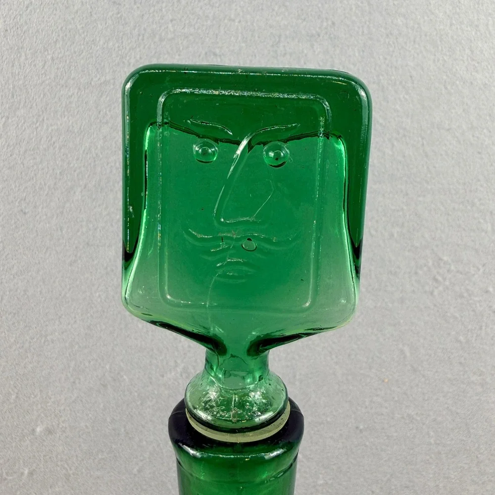 Erik Hoglund Boda Green Glass‎ People Decanter Face Stopper Neiman Marcus 10.5